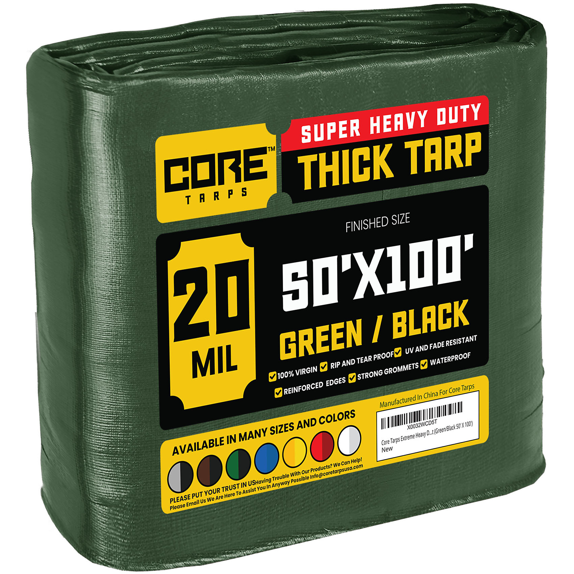 Core Tarps Extreme Heavy-Duty Tarp Cover — 50ft. x 100ft., 20 Mil, Waterproof, UV Resistant, Rip and Tear Proof, Reinforced Edges, Green/Black, Model# CT-703-50X100